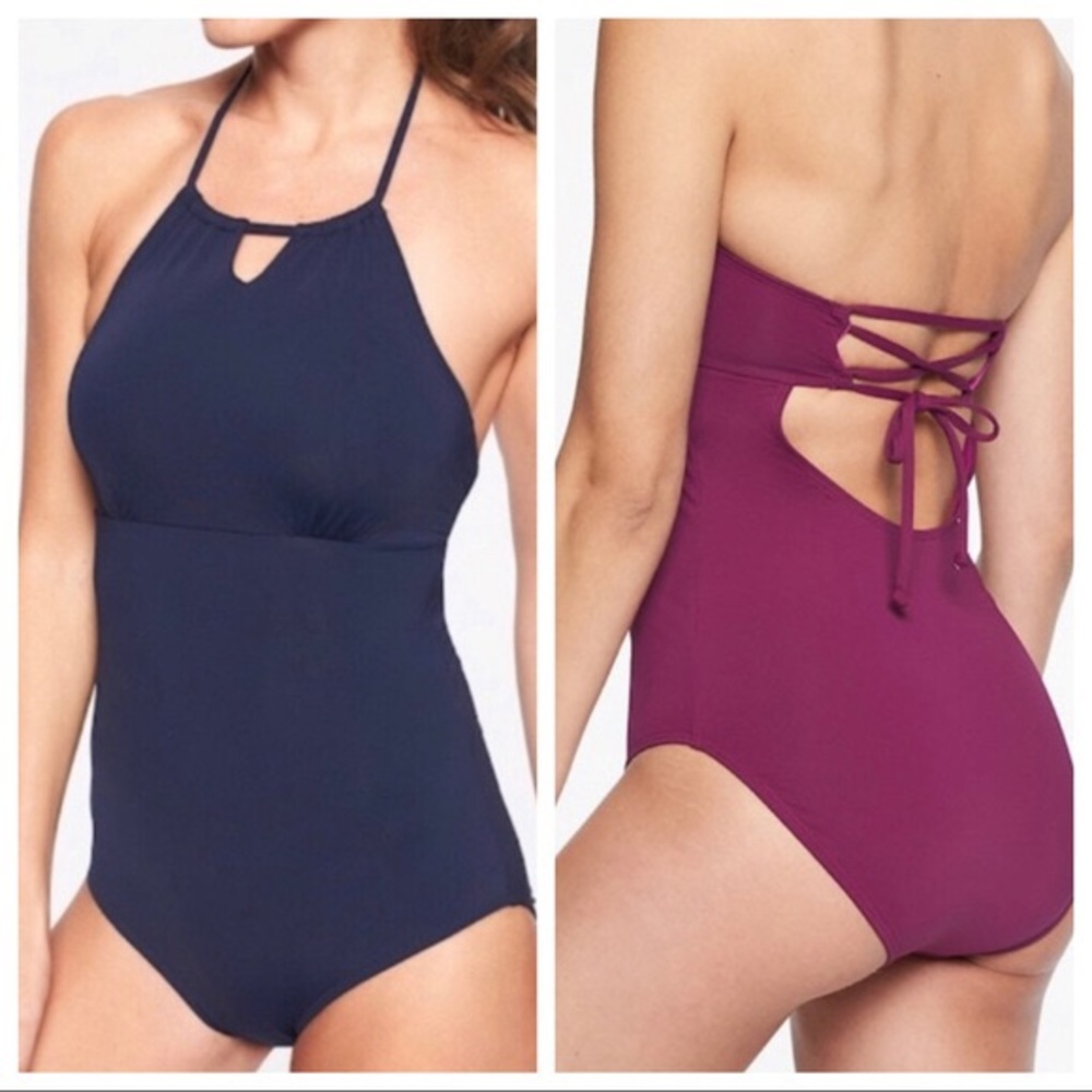 Athleta Navy halter navy tie one piece swimsuit M